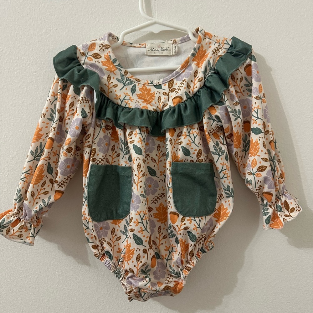 Long-Sleeve Floral Ruffle Baby Dress in Green and Orange